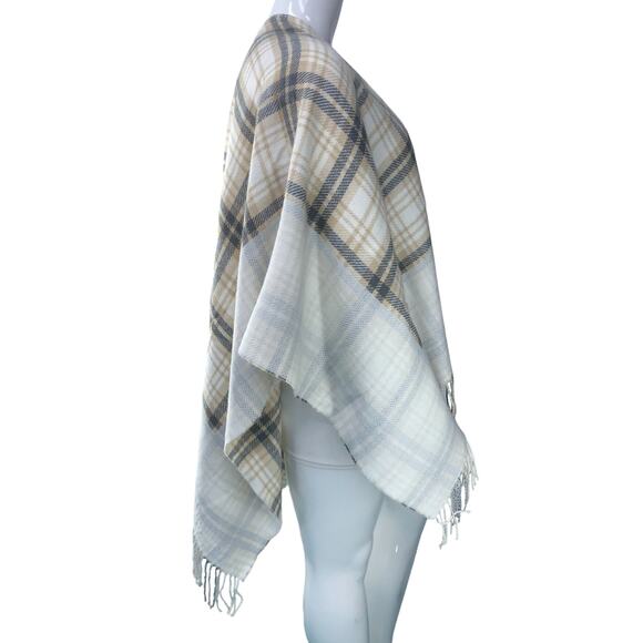 J Jill Womens One Size Poncho Sweater Wrap Plaid Acrylic Fringe Neutral Soft - Picture 9 of 14